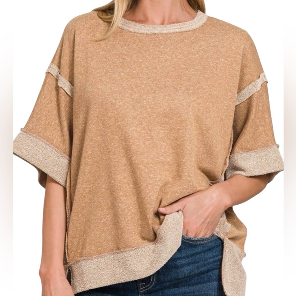 ZENANA Tan Knit Top with Contrast Trim Elbow Sleeve
